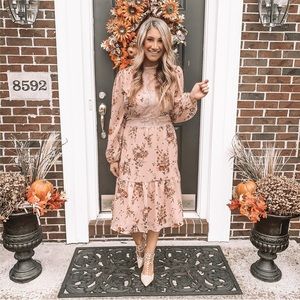 Pink Floral Long Sleeve MIDI Dress